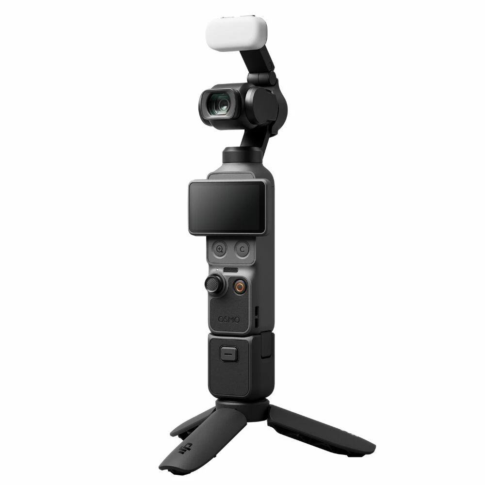 DJI Osmo Pocket 4 Creator Combo installée sur son mini trépied avec la lumière d’appoint