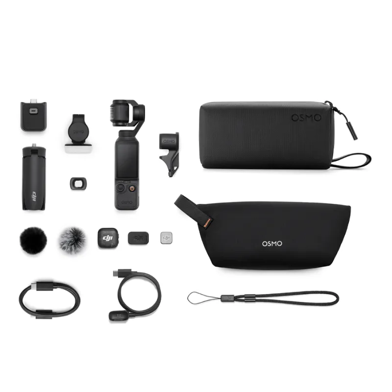 Tout le contenu du DJI Osmo Pocket 4 Creator Combo déballé sur une table